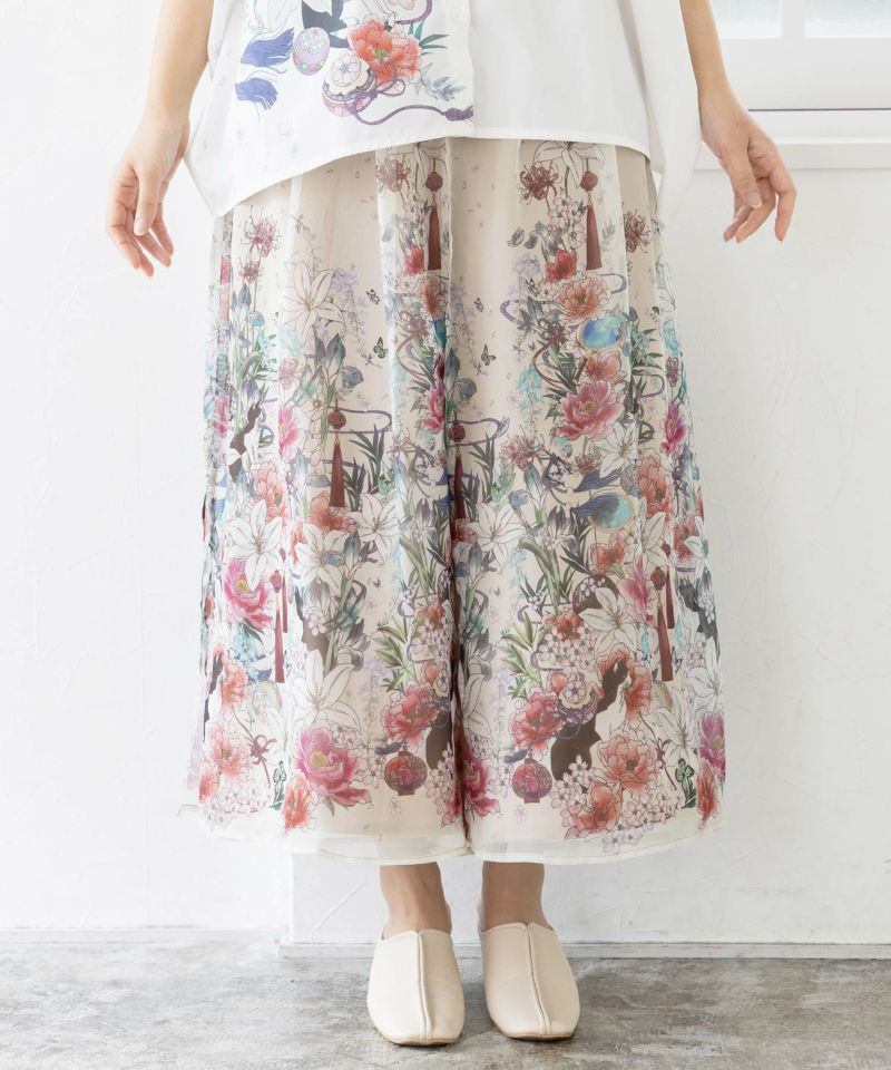 【雅結×iS ScoLar】コラボ 和風花柄シフォン重ねパンツ