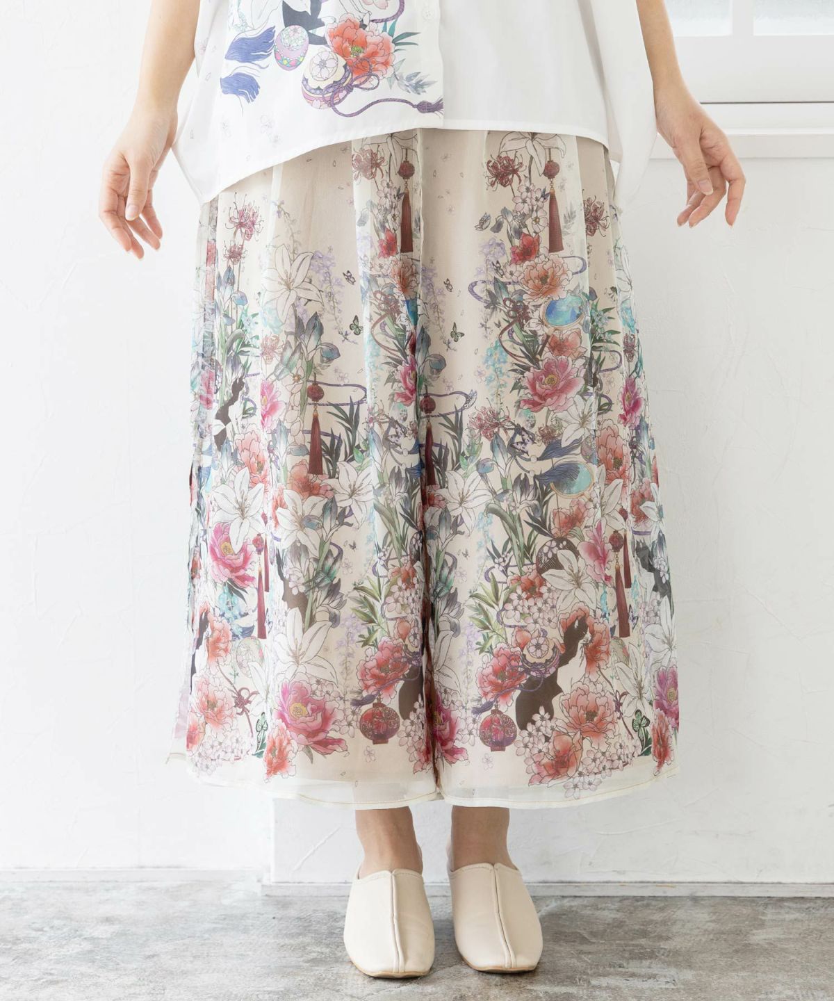 【雅結×iS ScoLar】コラボ 和風花柄シフォン重ねパンツ