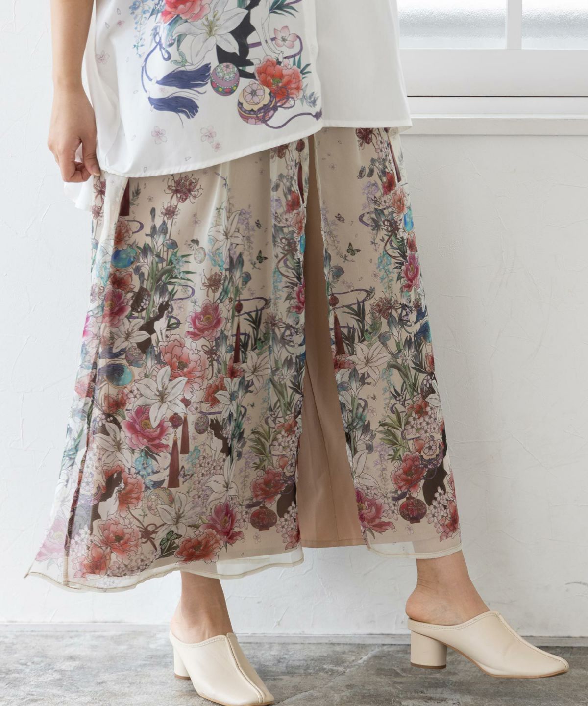 【雅結×iS ScoLar】コラボ 和風花柄シフォン重ねパンツ