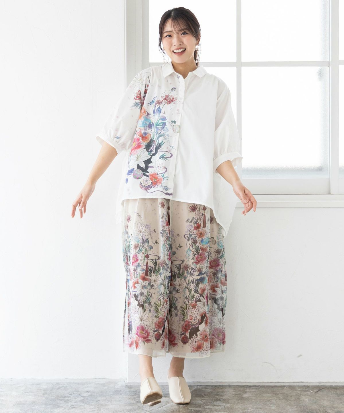 【雅結×iS ScoLar】コラボ 和風花柄シフォン重ねパンツ