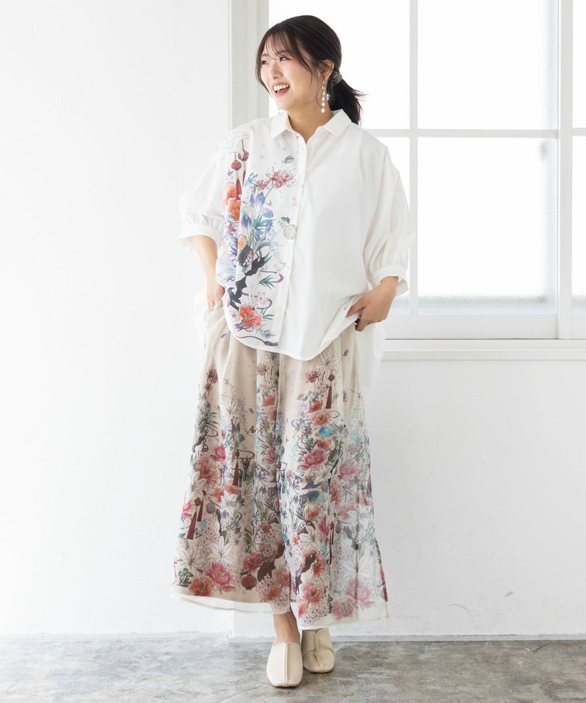 【雅結×iS ScoLar】コラボ 和風花柄シフォン重ねパンツ