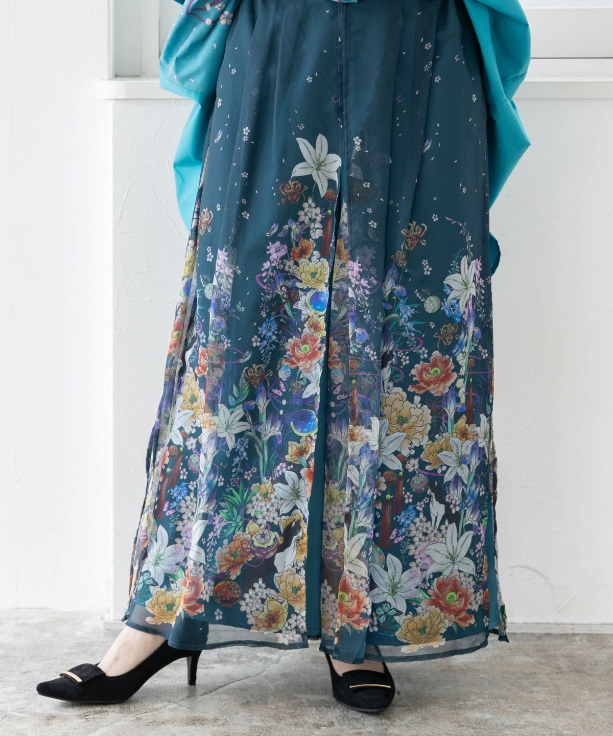 【雅結×iS ScoLar】コラボ 和風花柄シフォン重ねパンツ