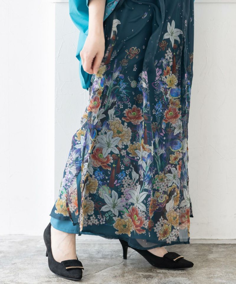 【雅結×iS ScoLar】コラボ 和風花柄シフォン重ねパンツ