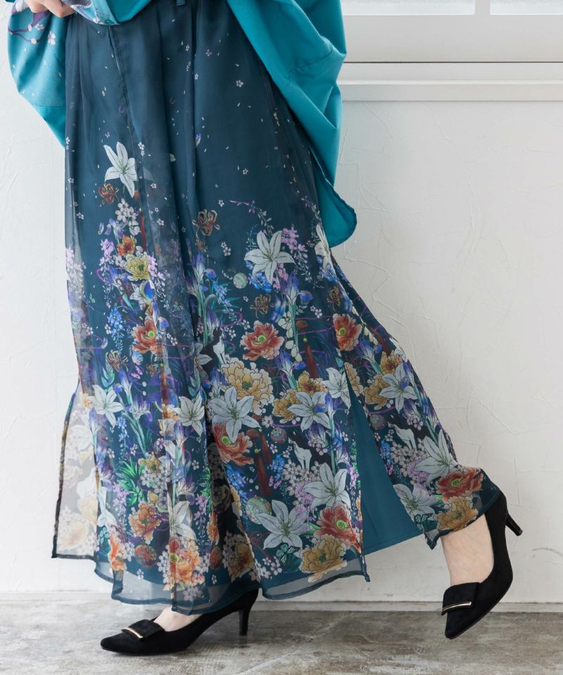 【雅結×iS ScoLar】コラボ 和風花柄シフォン重ねパンツ