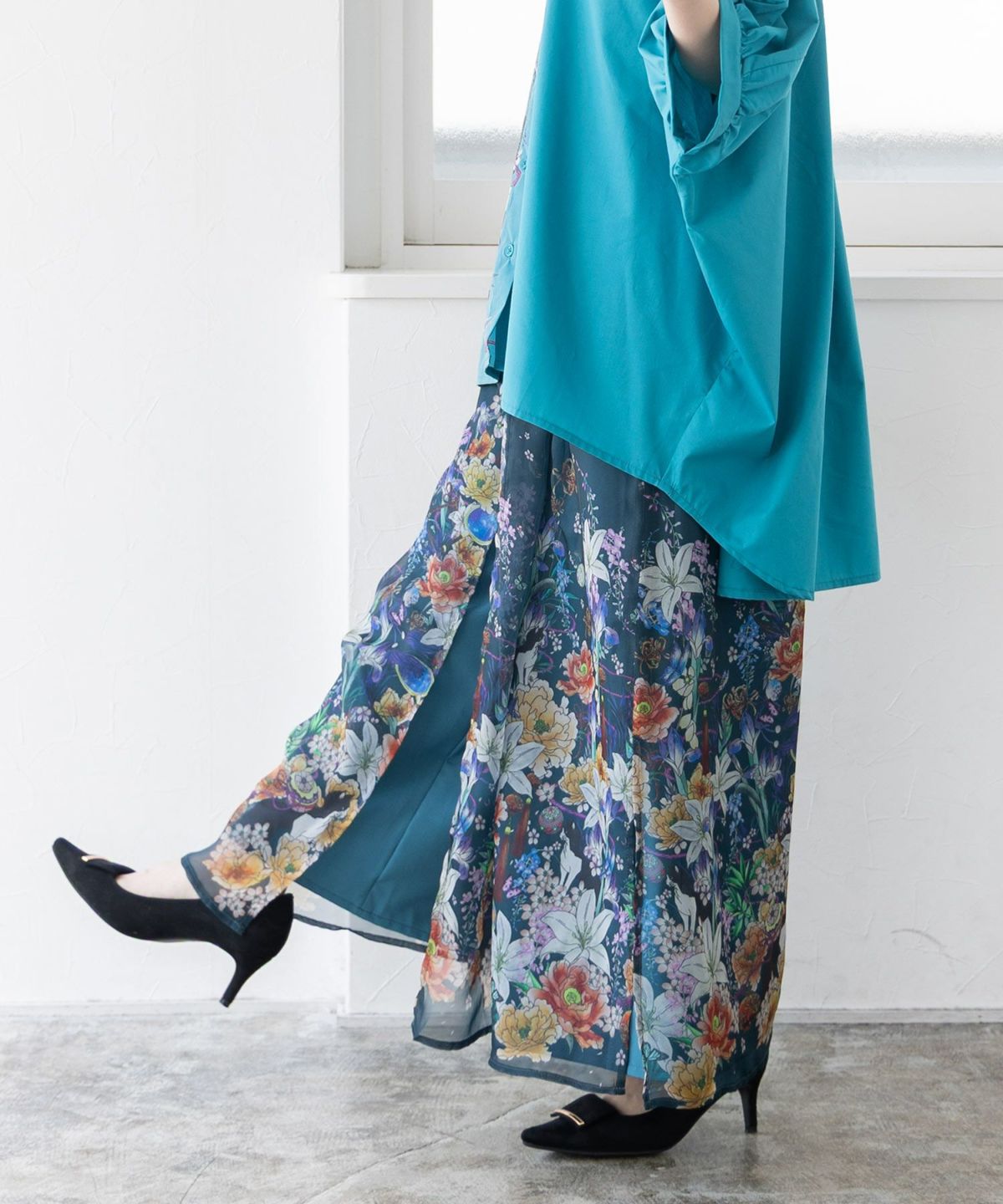 【雅結×iS ScoLar】コラボ 和風花柄シフォン重ねパンツ