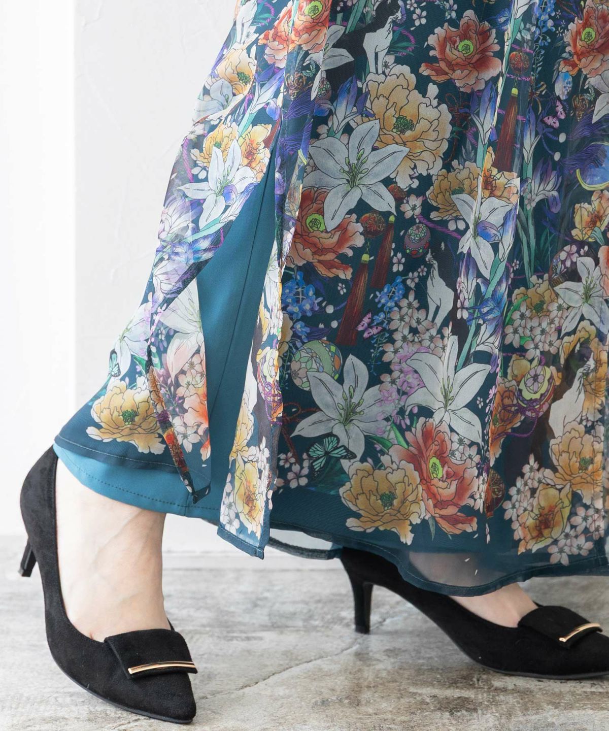 【雅結×iS ScoLar】コラボ 和風花柄シフォン重ねパンツ