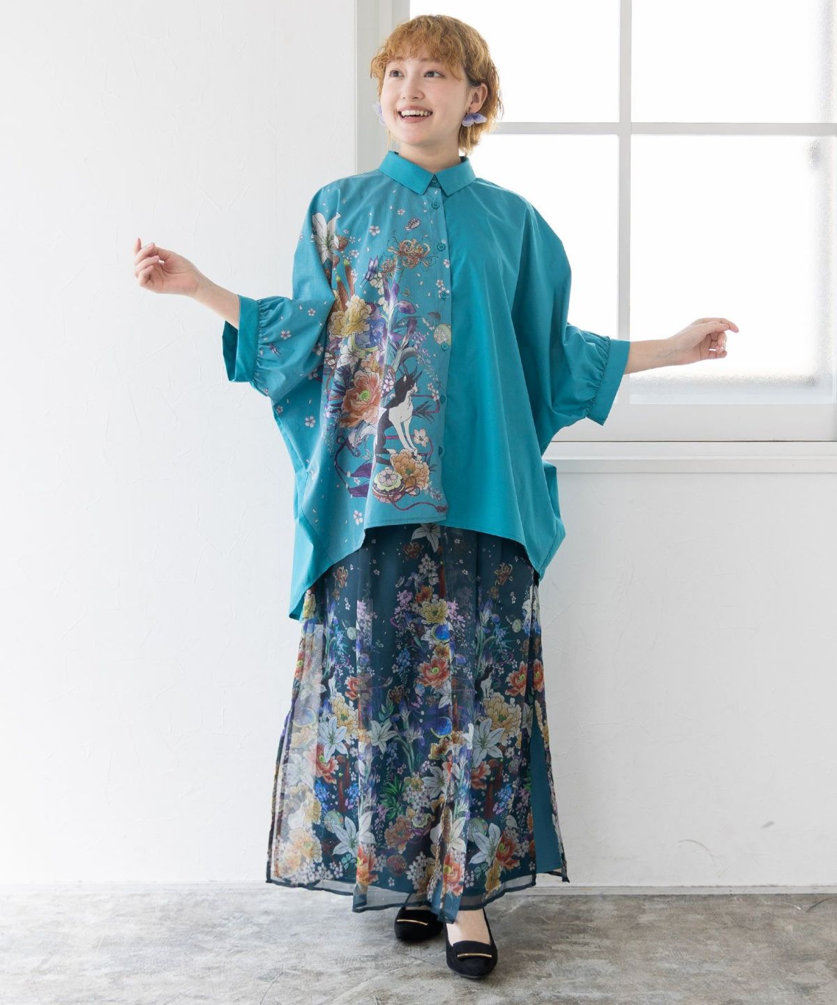 【雅結×iS ScoLar】コラボ 和風花柄シフォン重ねパンツ