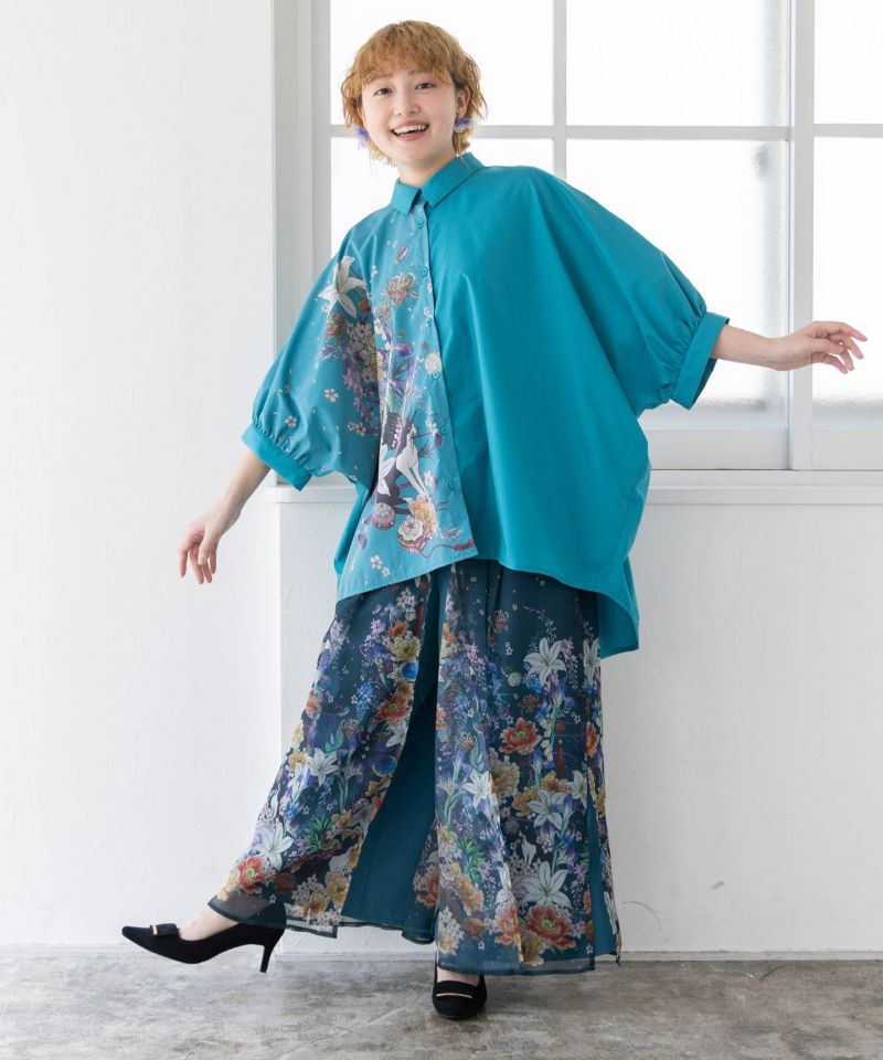 【雅結×iS ScoLar】コラボ 和風花柄シフォン重ねパンツ