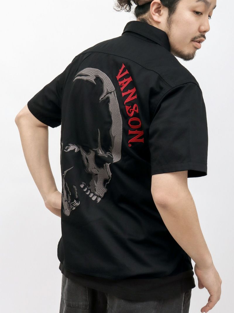 【VANSON】スカル総刺繍 半袖シャツ