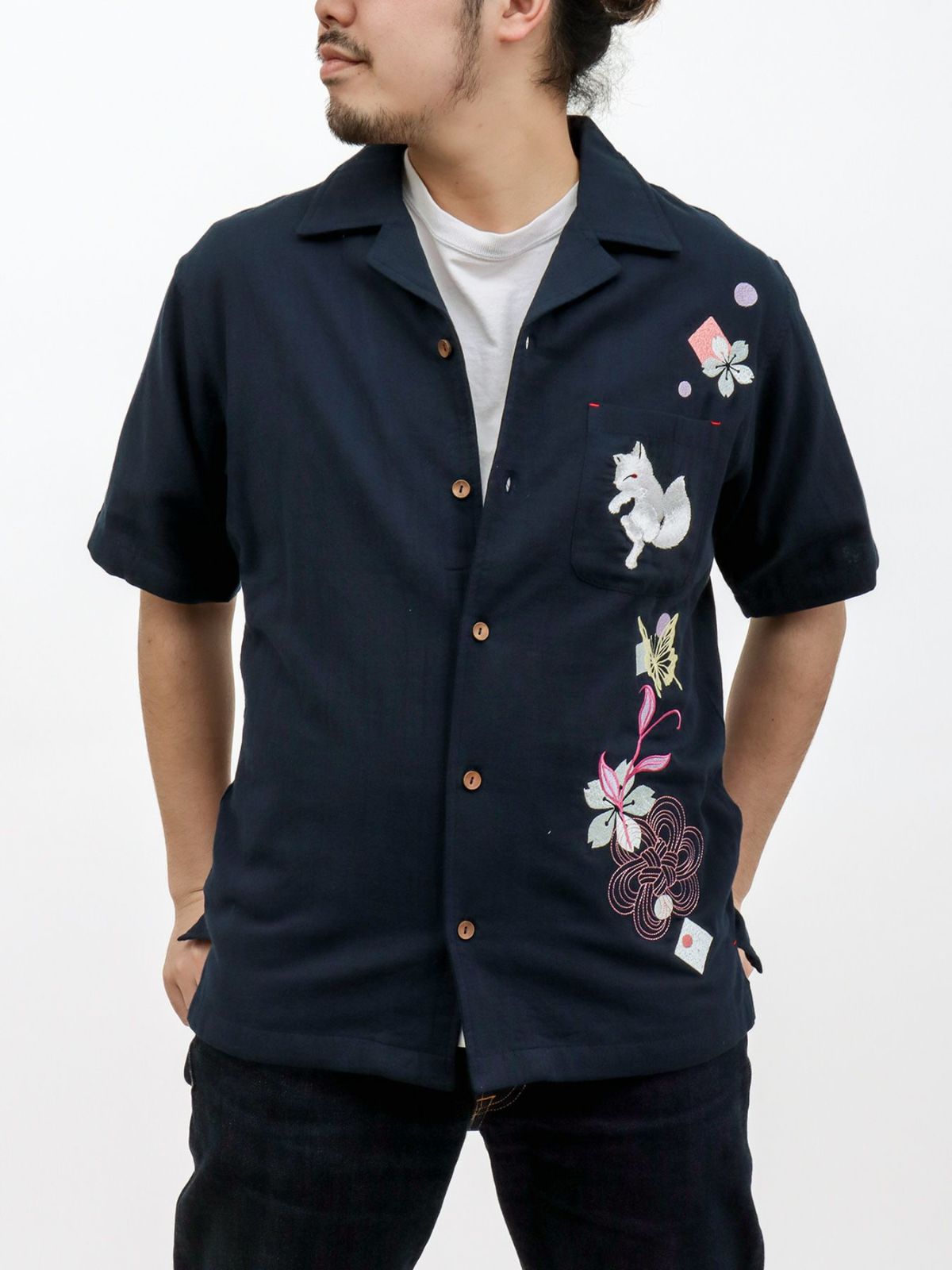 【今昔 -KON-JAKU-】“桜花爛漫”総刺繍 半袖開襟シャツ