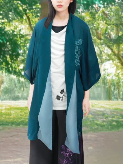 【雅結 -EN-】<br>八咫烏刺繍 楊柳素材 着物ロングカーディガン