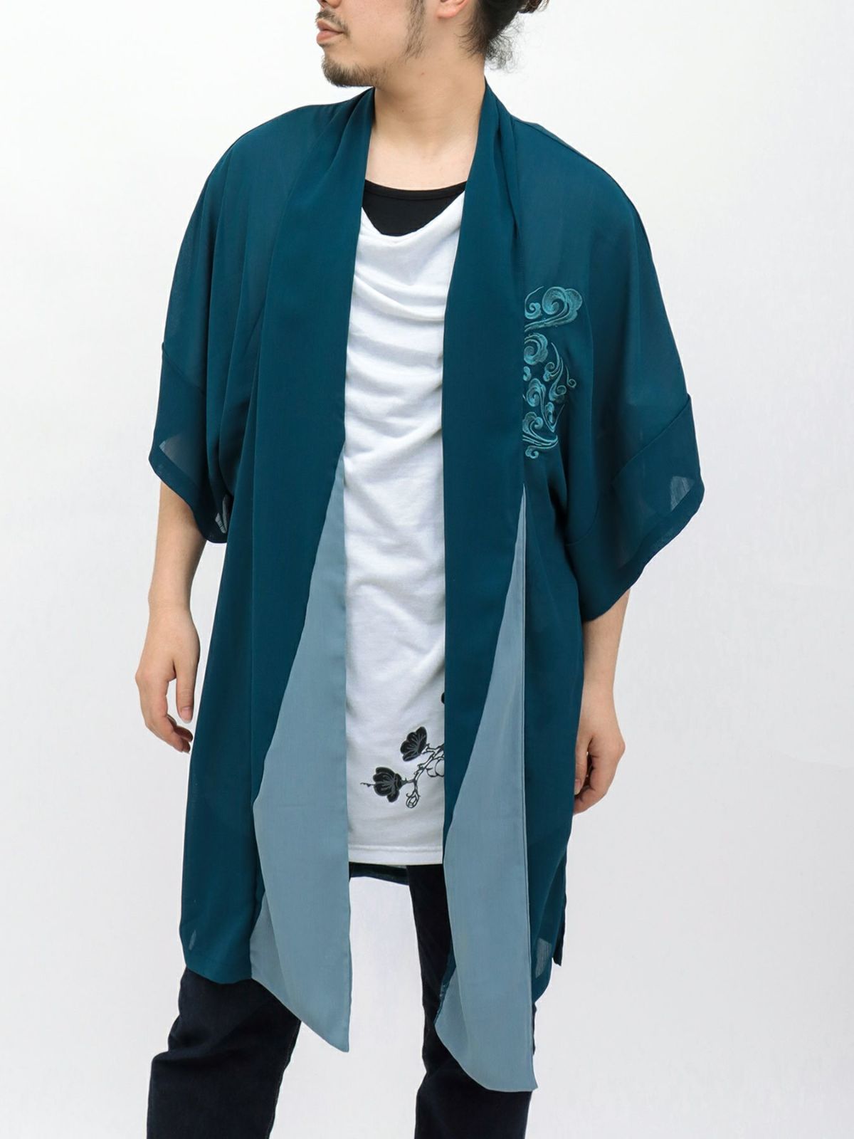 【雅結 -EN-】八咫烏刺繍 楊柳素材 着物ロングカーディガン