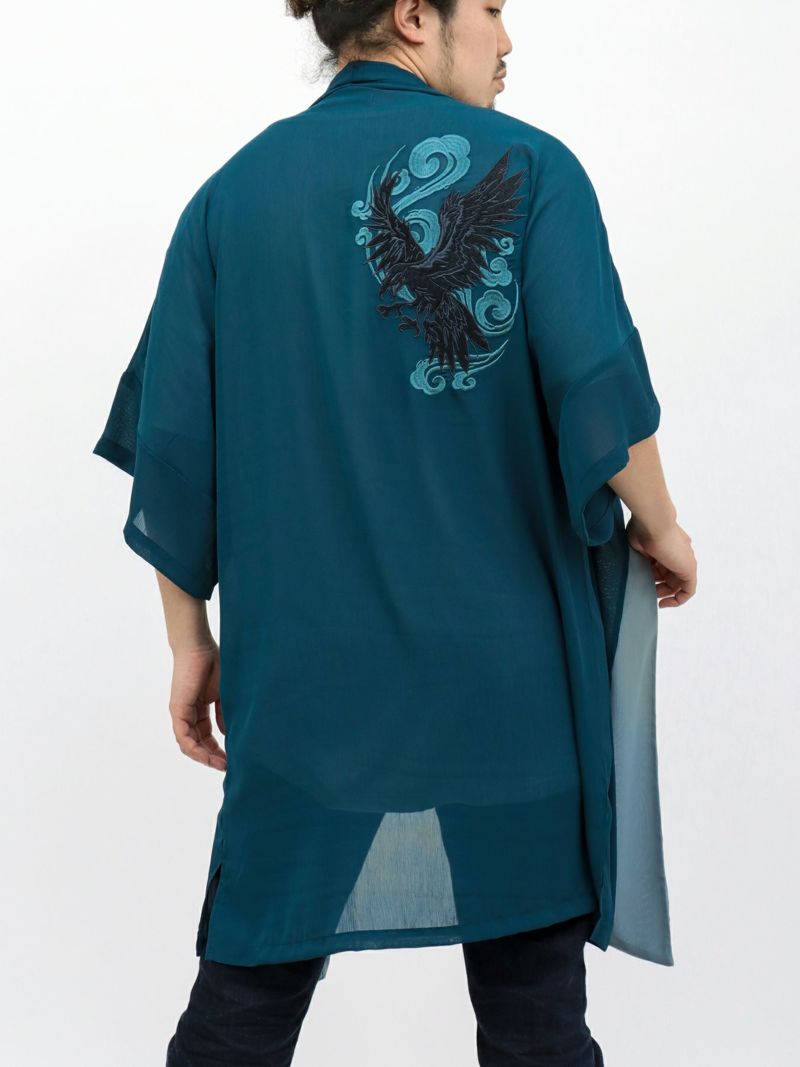 【雅結 -EN-】八咫烏刺繍 楊柳素材 着物ロングカーディガン