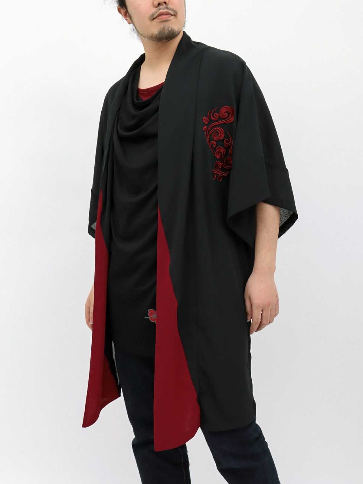 【雅結 -EN-】八咫烏刺繍 楊柳素材 着物ロングカーディガン