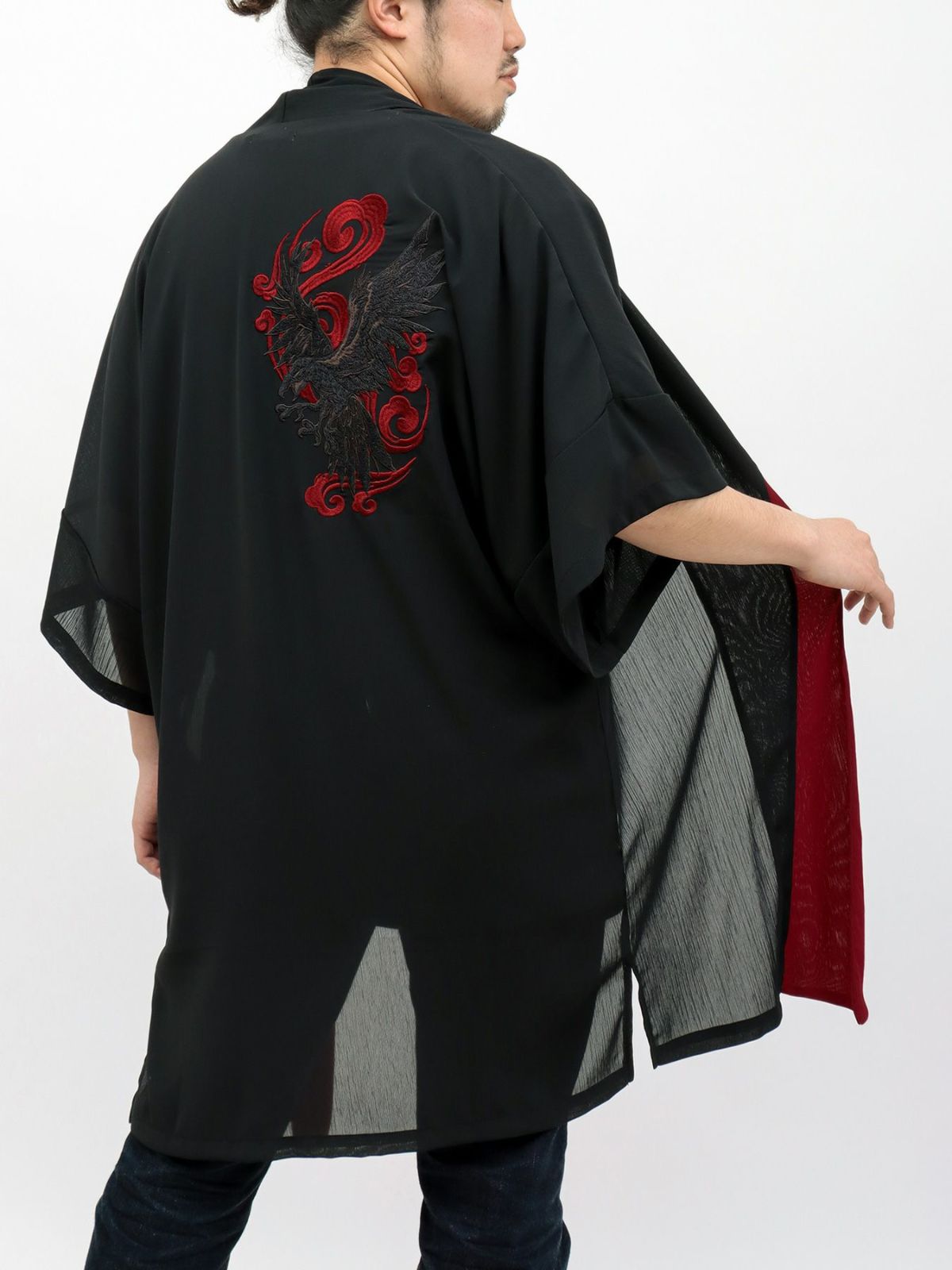 【雅結 -EN-】八咫烏刺繍 楊柳素材 着物ロングカーディガン