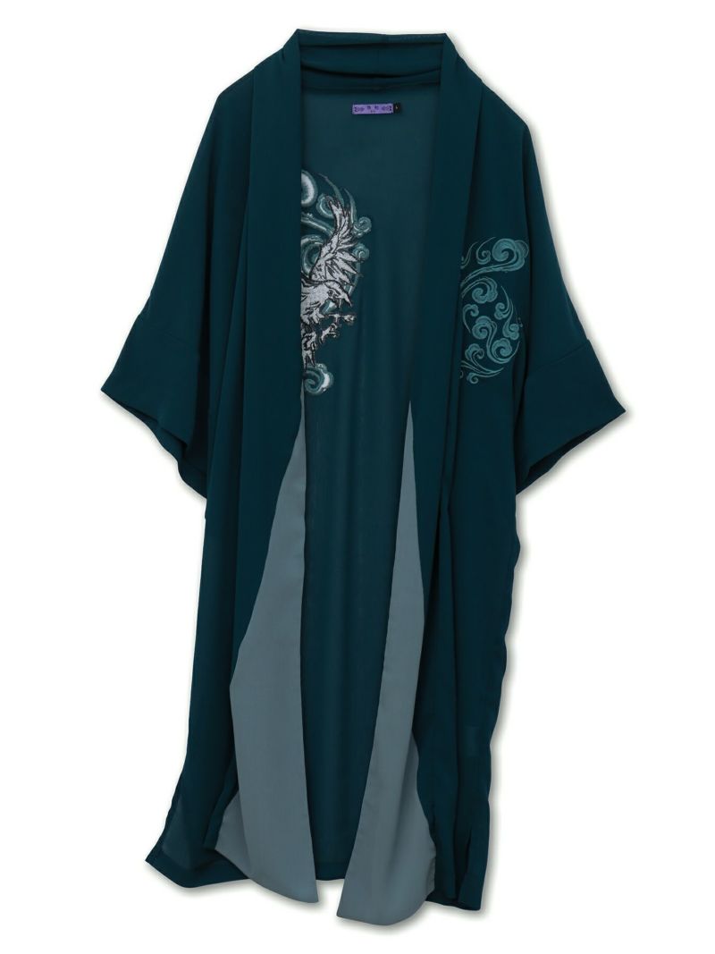 【雅結 -EN-】八咫烏刺繍 楊柳素材 着物ロングカーディガン