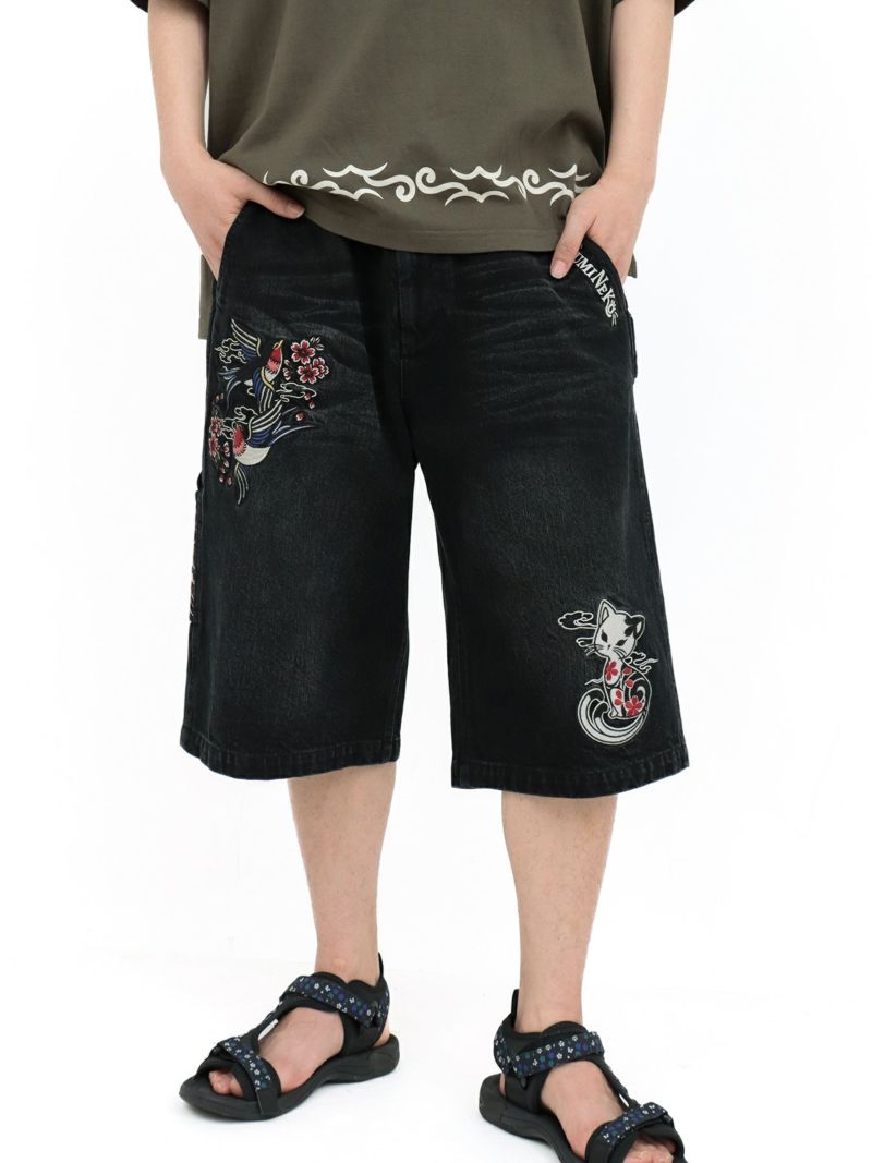 【SUMINEKO】“ツバメと振り向き猫”総刺繍デニムショーツ