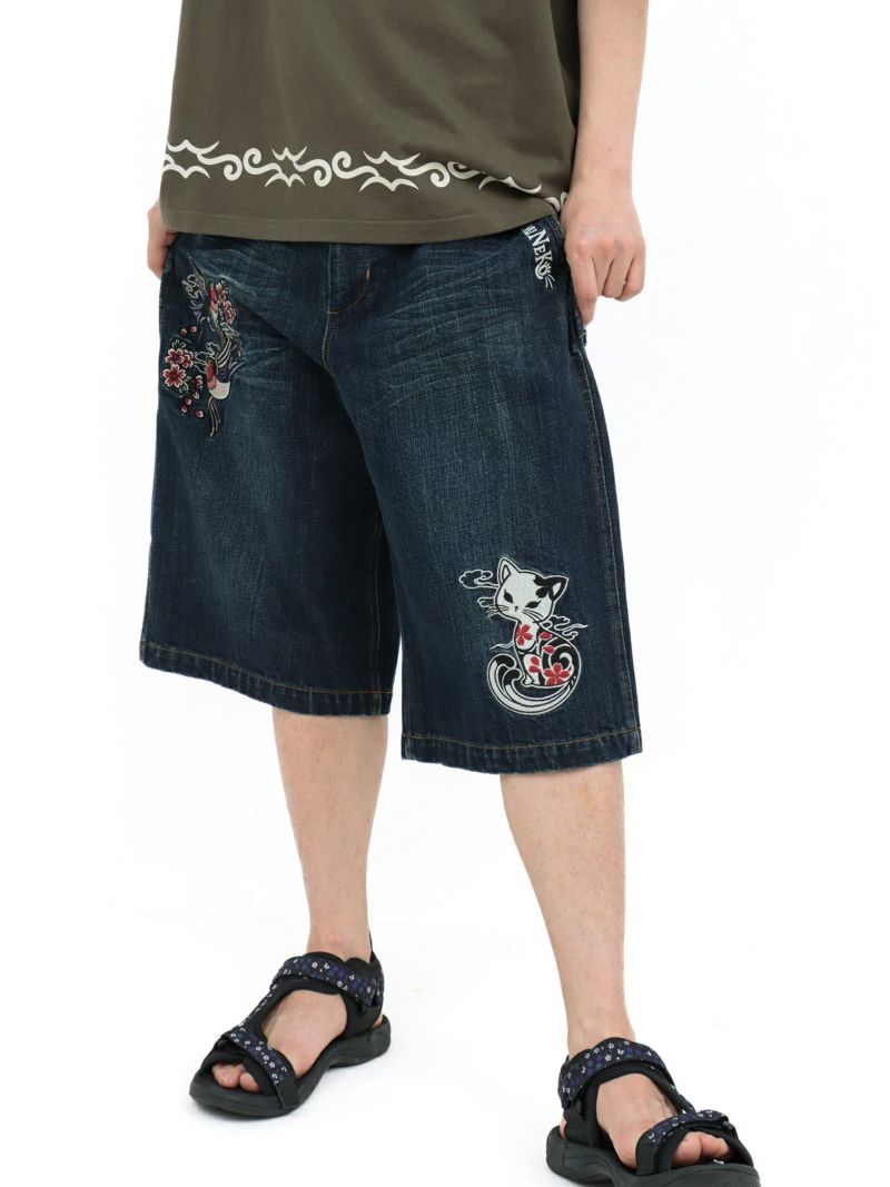 【SUMINEKO】“ツバメと振り向き猫”総刺繍デニムショーツ