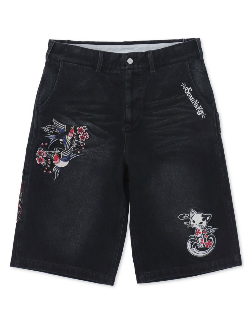 【SUMINEKO】“ツバメと振り向き猫”総刺繍デニムショーツ