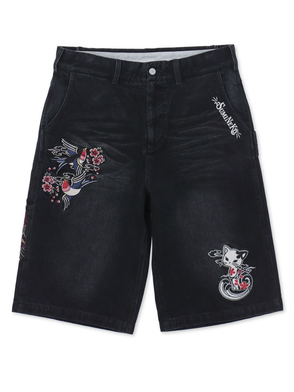 【SUMINEKO】“ツバメと振り向き猫”総刺繍デニムショーツ