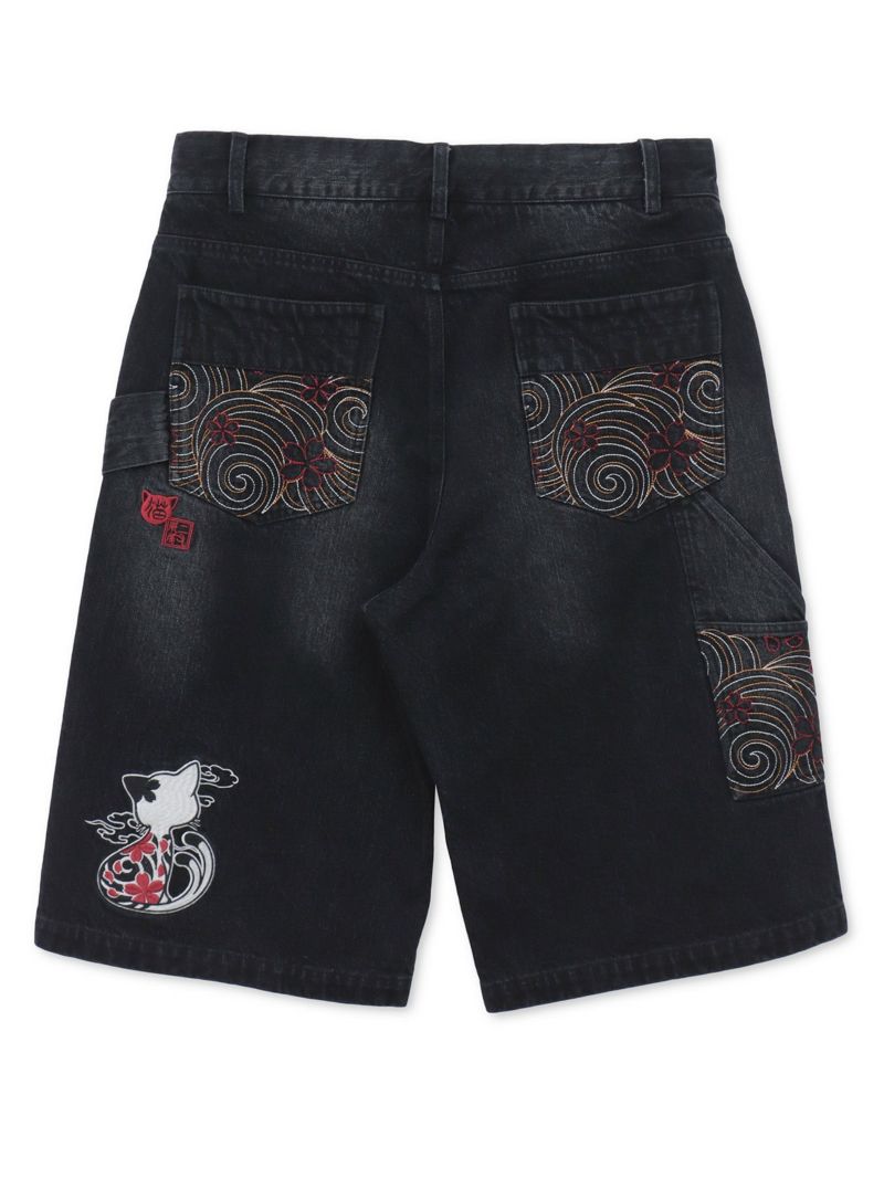 【SUMINEKO】“ツバメと振り向き猫”総刺繍デニムショーツ