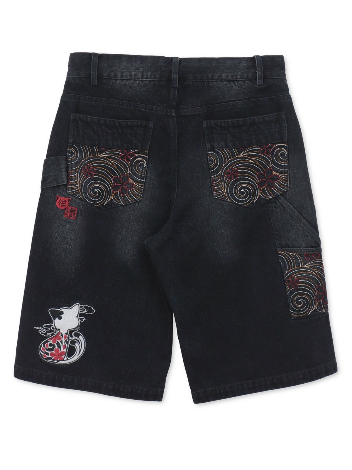 【SUMINEKO】“ツバメと振り向き猫”総刺繍デニムショーツ