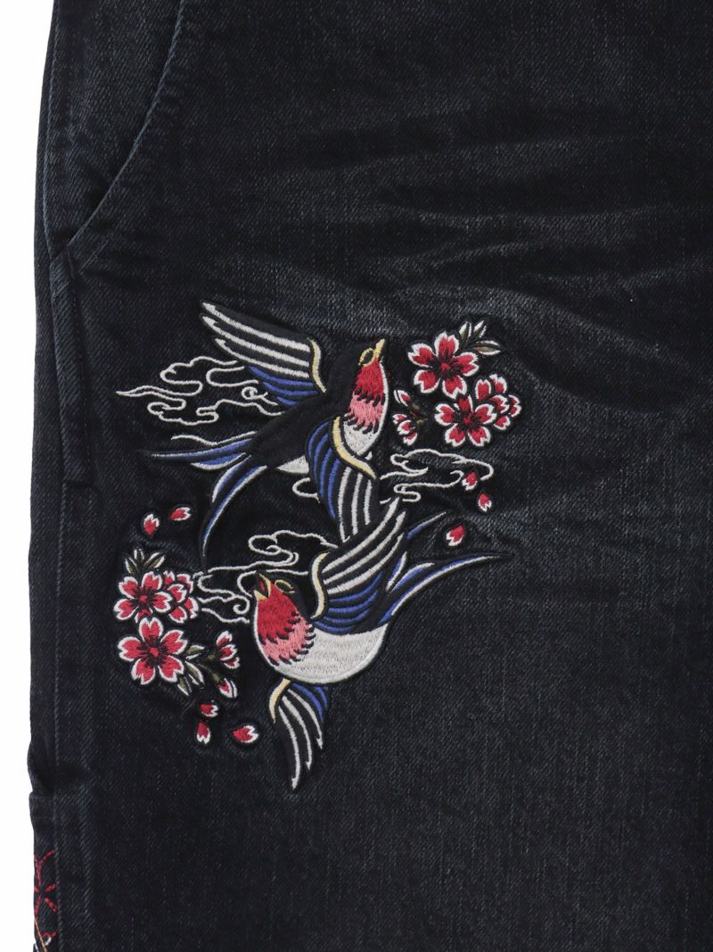 【SUMINEKO】“ツバメと振り向き猫”総刺繍デニムショーツ