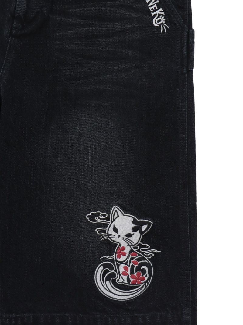 【SUMINEKO】“ツバメと振り向き猫”総刺繍デニムショーツ