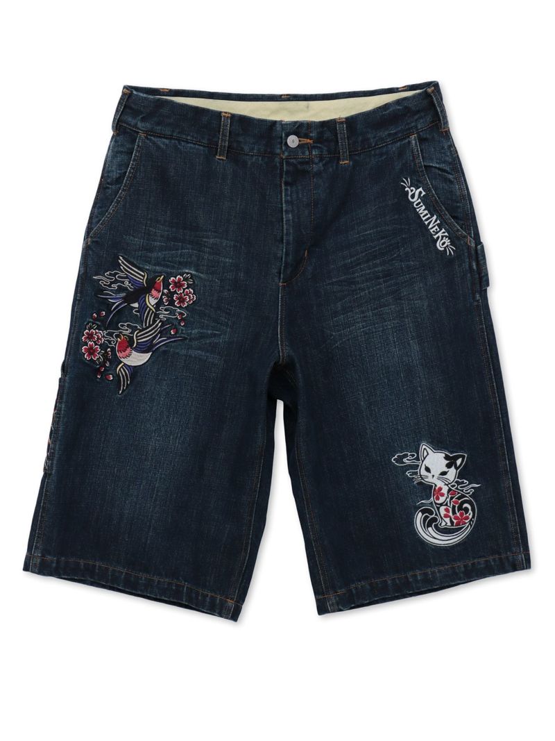 【SUMINEKO】“ツバメと振り向き猫”総刺繍デニムショーツ