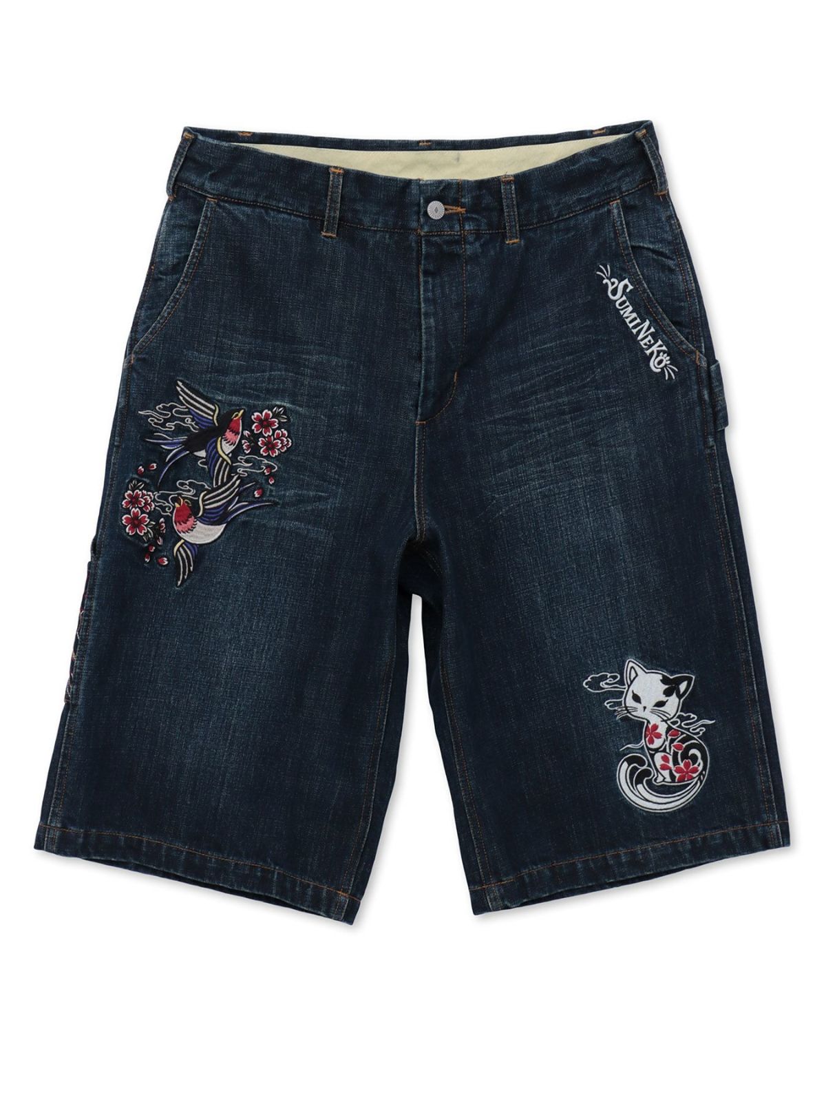 【SUMINEKO】“ツバメと振り向き猫”総刺繍デニムショーツ