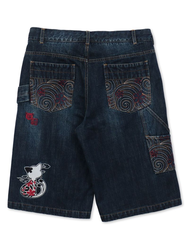 【SUMINEKO】“ツバメと振り向き猫”総刺繍デニムショーツ