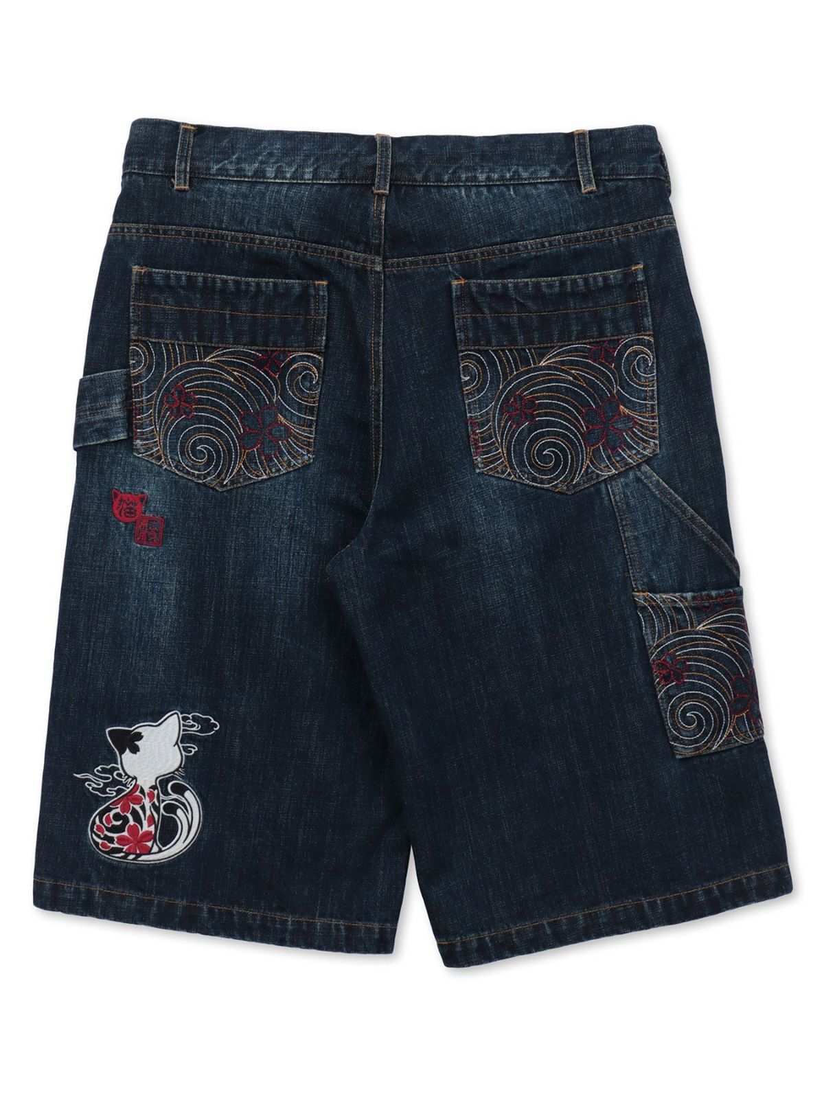 【SUMINEKO】“ツバメと振り向き猫”総刺繍デニムショーツ