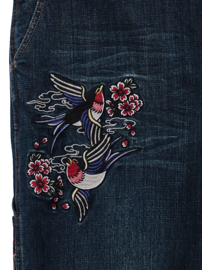 【SUMINEKO】“ツバメと振り向き猫”総刺繍デニムショーツ