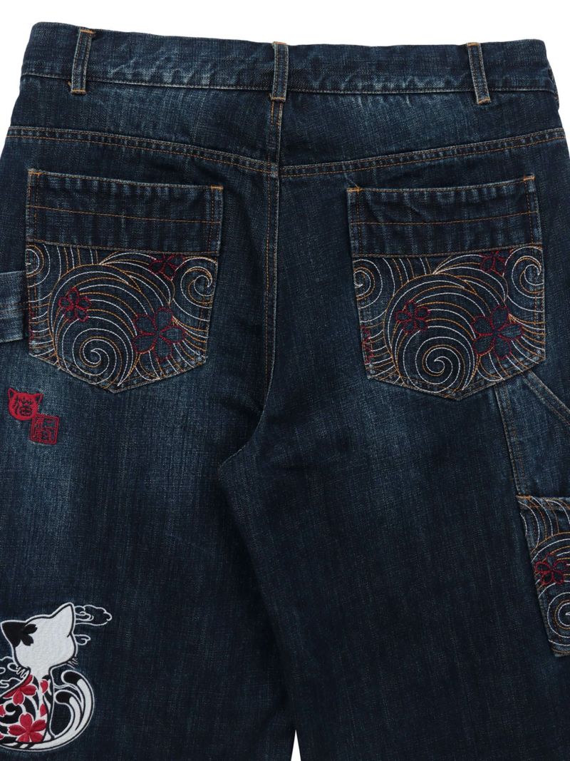 【SUMINEKO】“ツバメと振り向き猫”総刺繍デニムショーツ