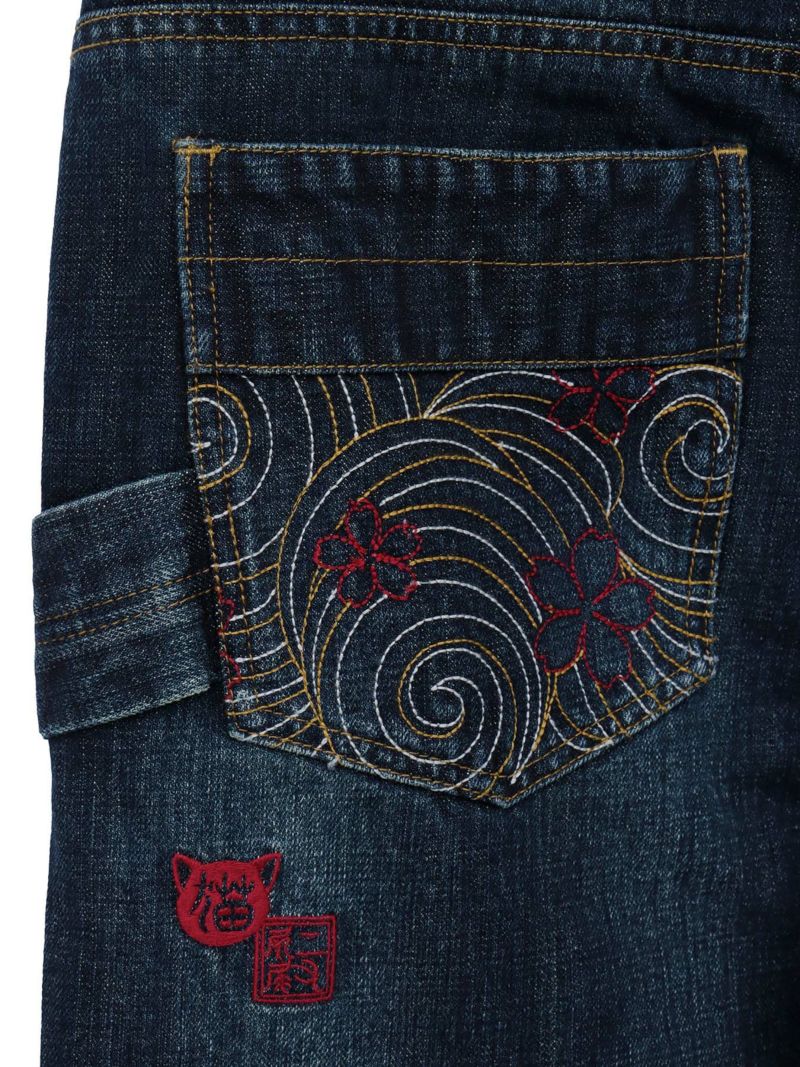 【SUMINEKO】“ツバメと振り向き猫”総刺繍デニムショーツ