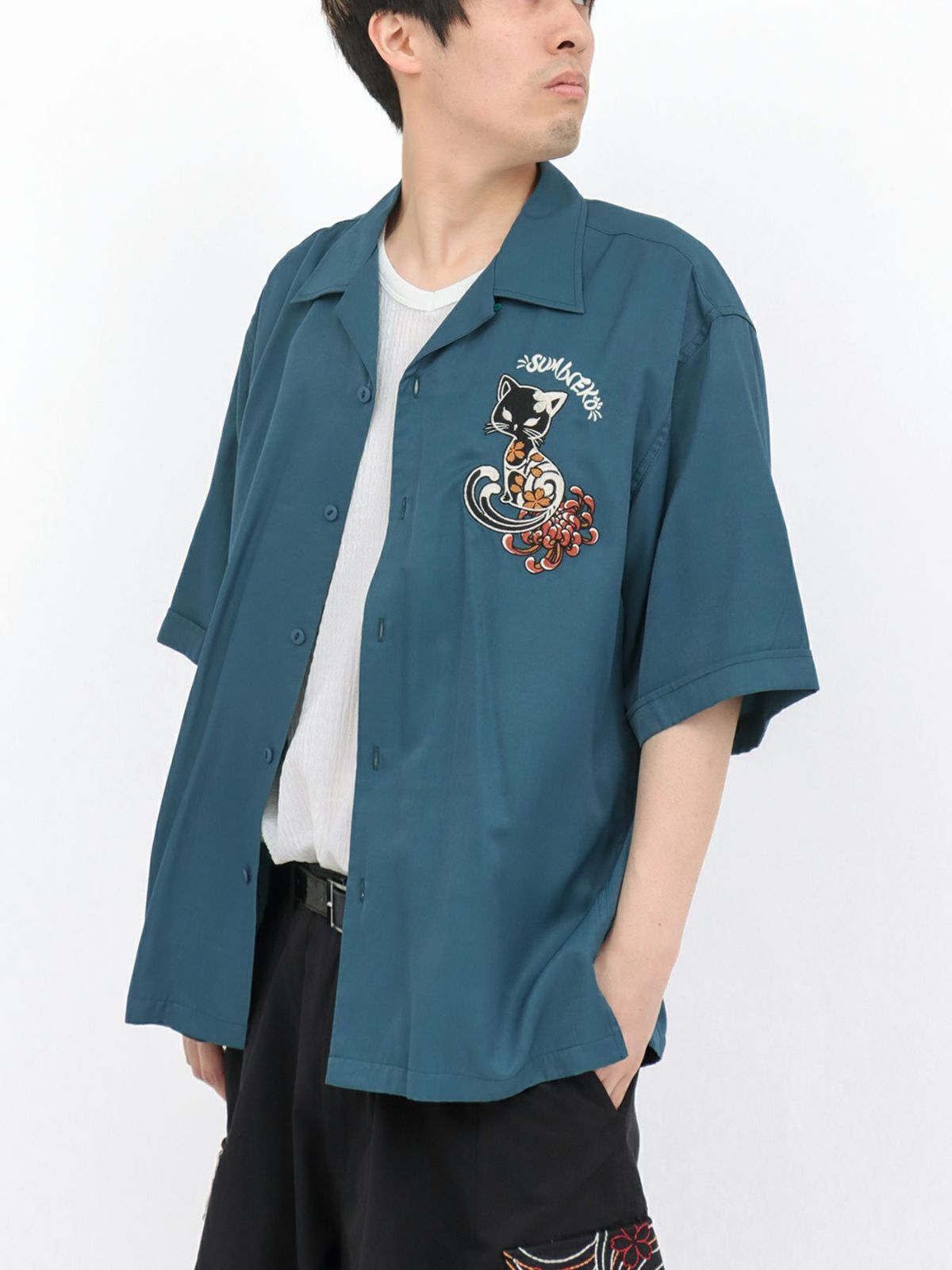 【SUMINEKO】“陰陽猫”総刺繍スカシャツ