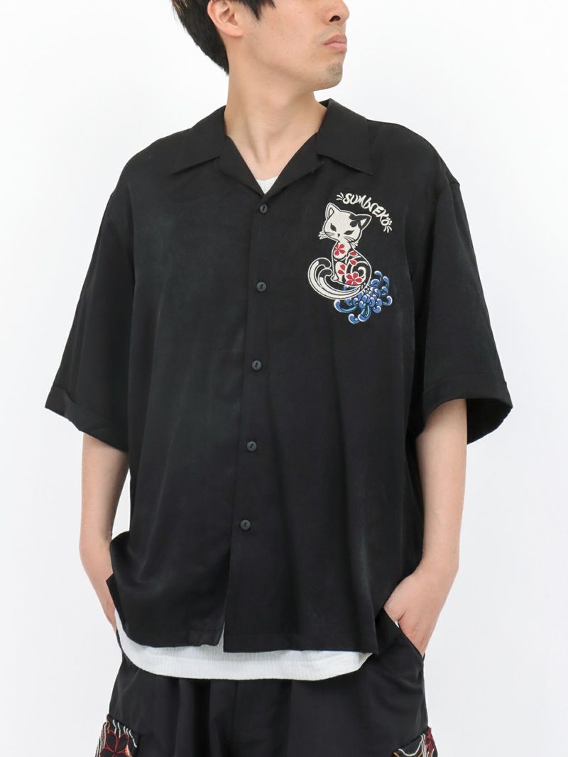 【SUMINEKO】“陰陽猫”総刺繍スカシャツ