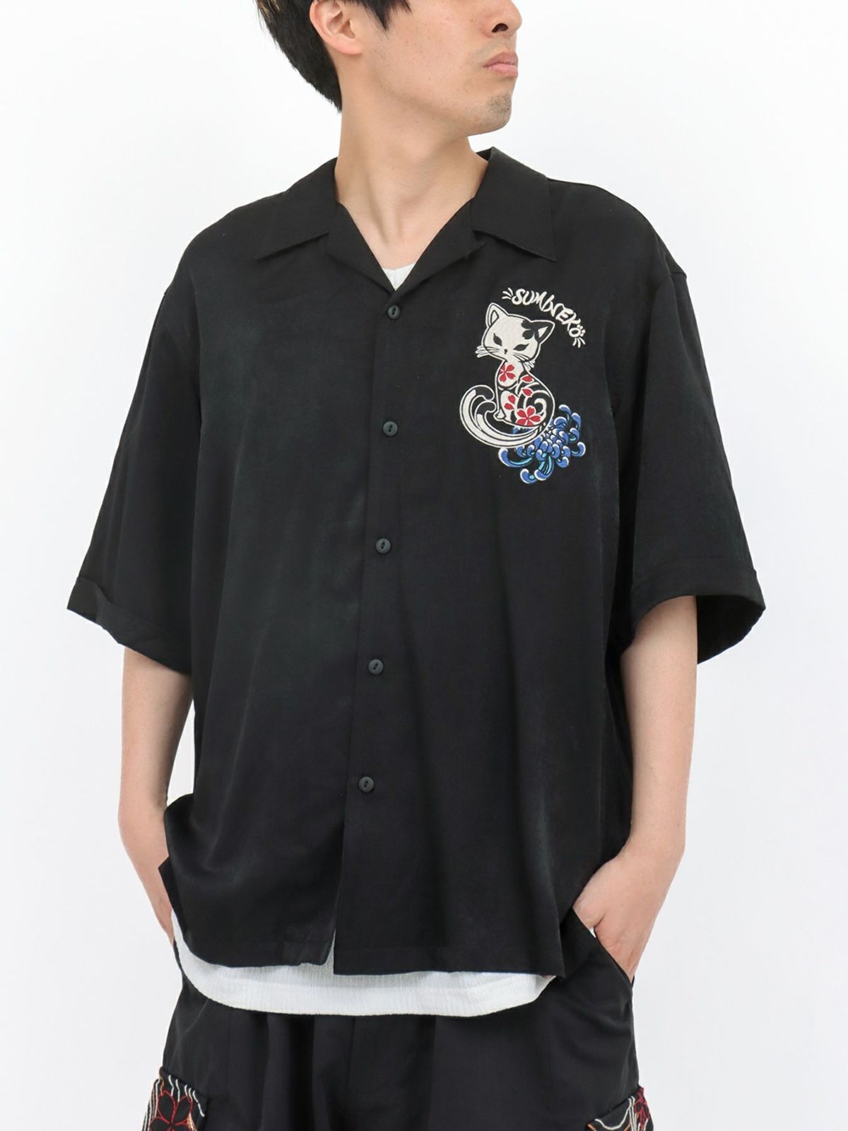 【SUMINEKO】“陰陽猫”総刺繍スカシャツ