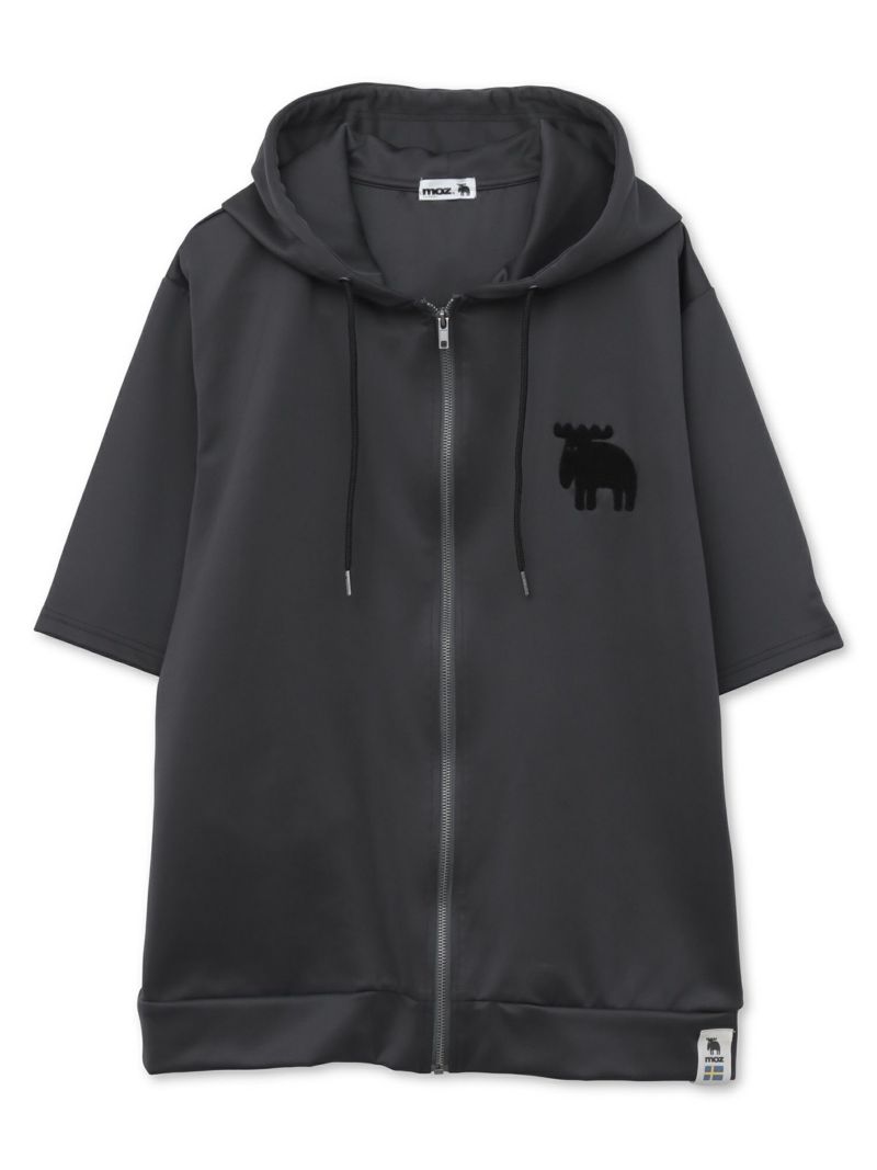 【moz】エルクサガラ刺繍入りジャージ素材 半袖ZIPパーカー〔別注〕