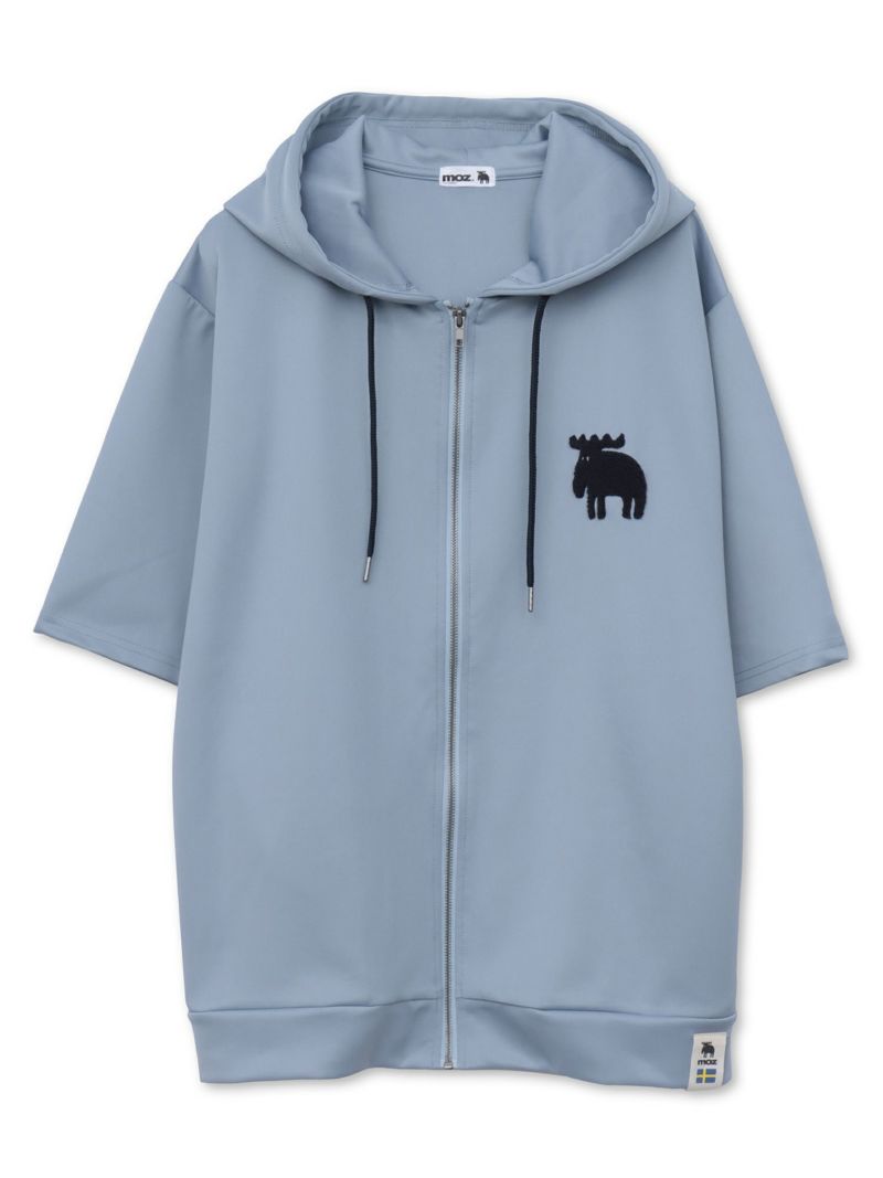 【moz】エルクサガラ刺繍入りジャージ素材 半袖ZIPパーカー〔別注〕