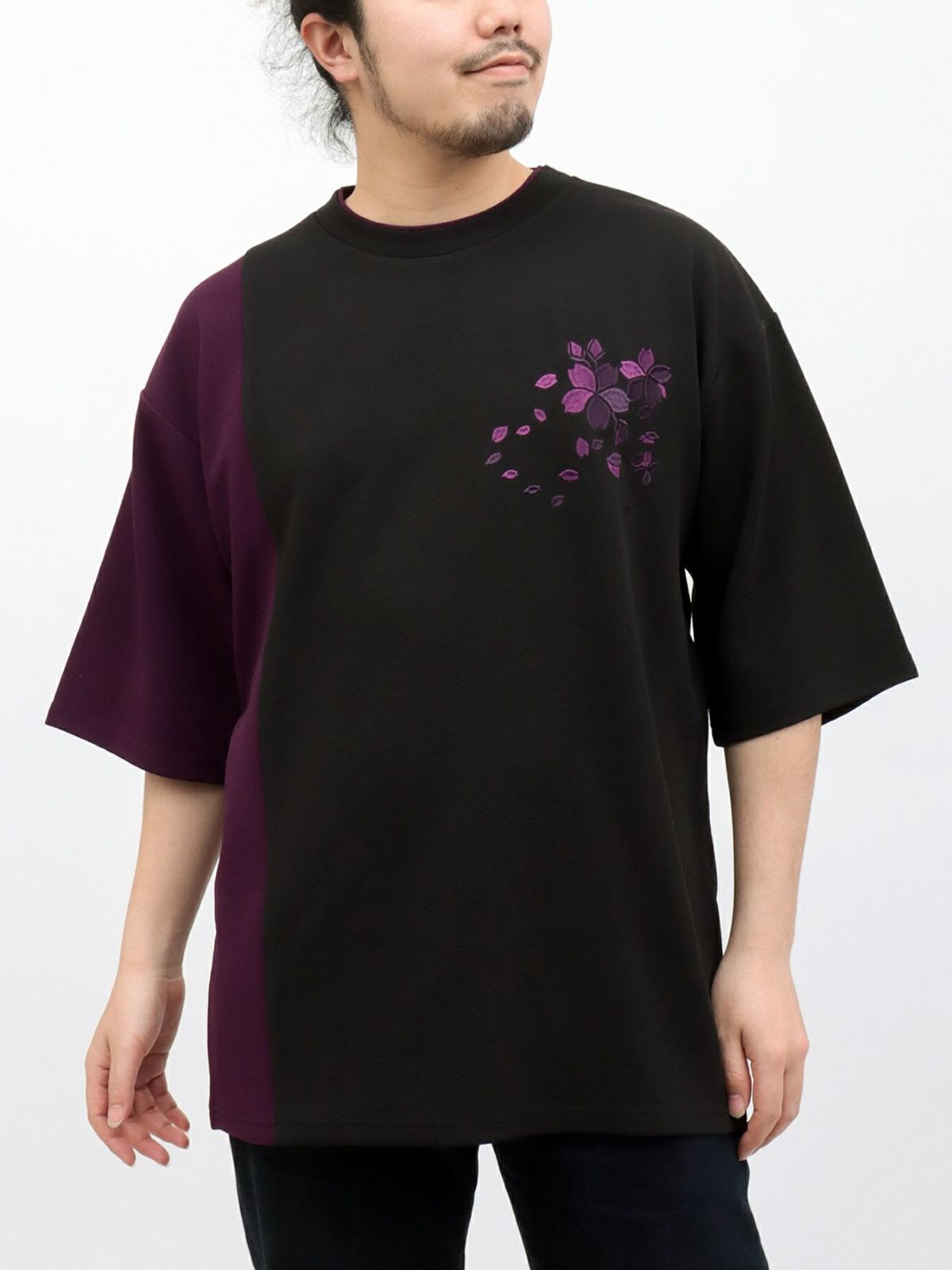 【雅結】桜刺繍梨地素材 切り替えTシャツ