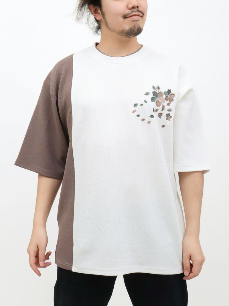 【雅結】桜刺繍梨地素材 切り替えTシャツ
