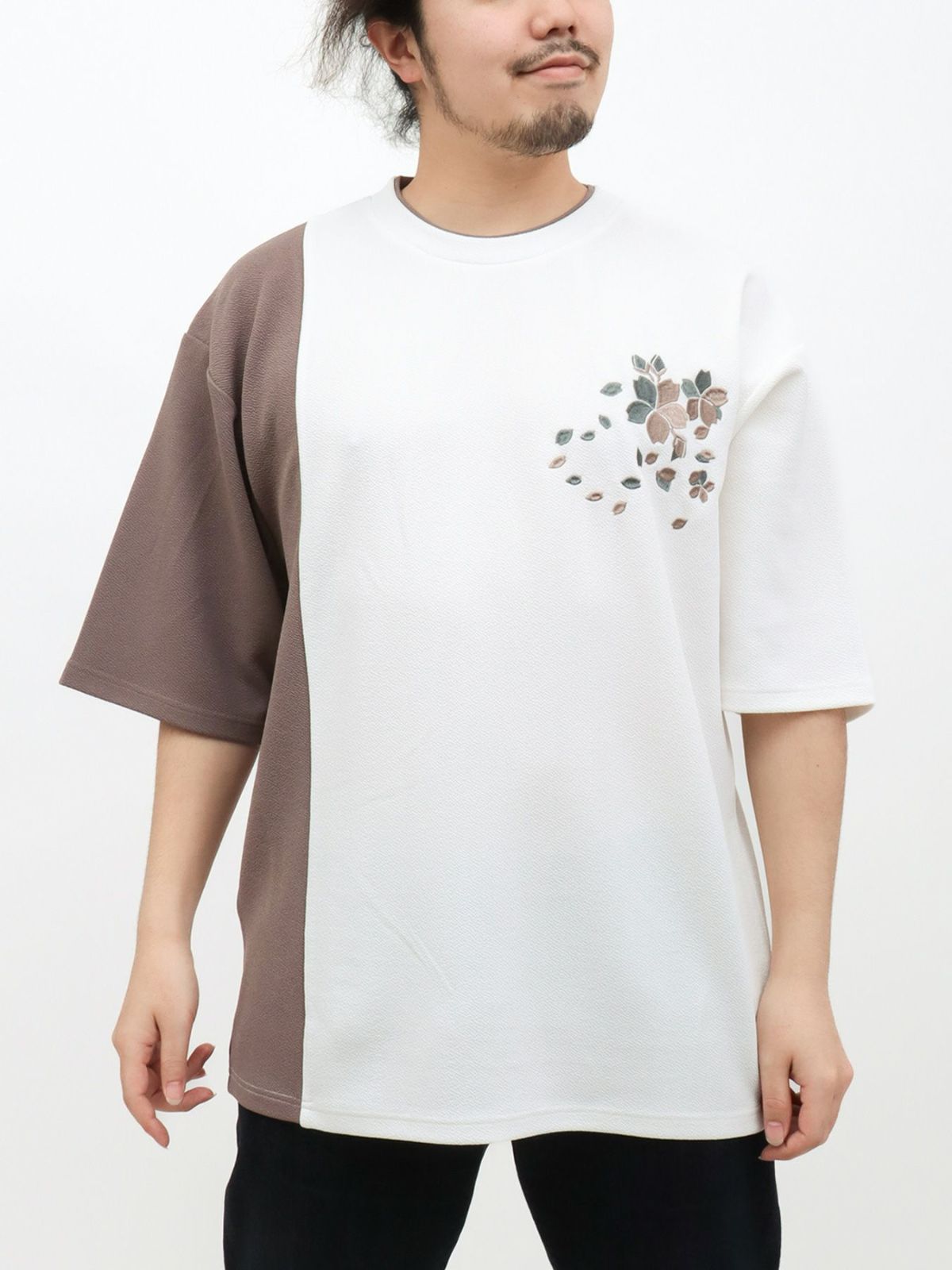 【雅結】桜刺繍梨地素材 切り替えTシャツ