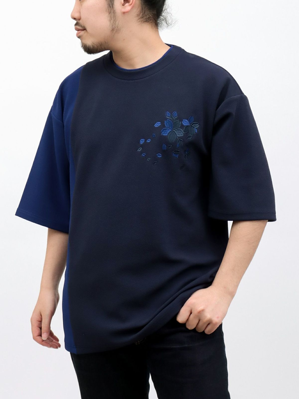 【雅結】桜刺繍梨地素材 切り替えTシャツ