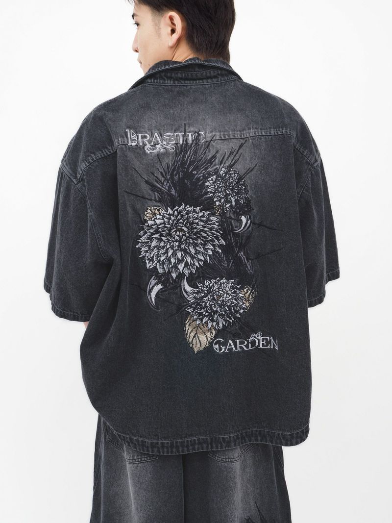 【DRASTIC GARDEN】“フェザーダリア”総刺繍 半袖デニムシャツ