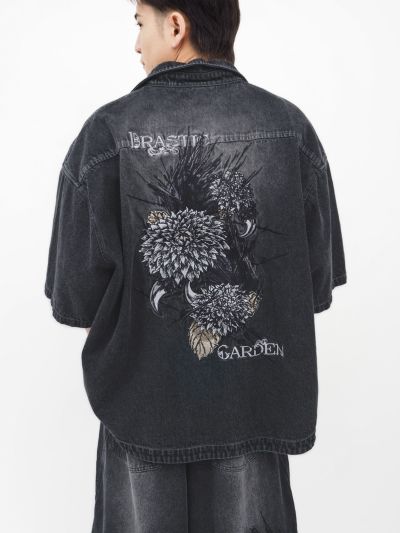 【DRASTIC GARDEN】<br>“フェザーダリア”総刺繍 半袖デニムシャツ