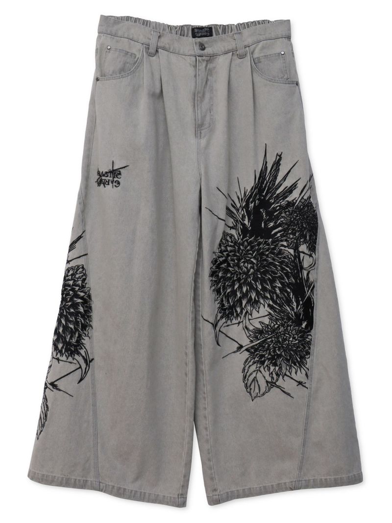 【DRASTIC GARDEN】“フェザーダリア”総刺繍デニムバギーパンツ