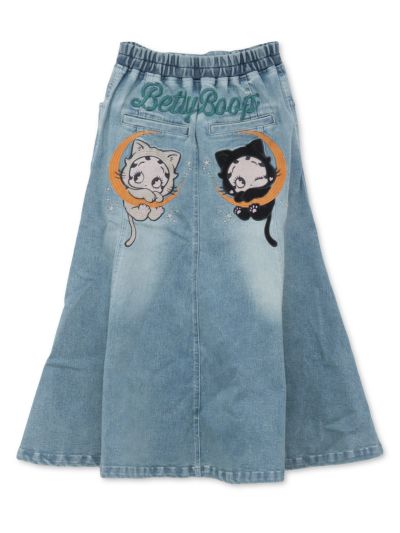 【BETTY BOOP】<br>“黒猫&白猫ベイビーベティ”総刺繍ストレッチデニム切替ロングスカート〔別注〕