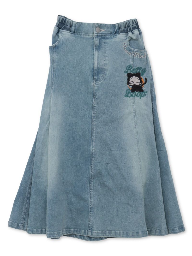 【BETTY BOOP】“黒猫&白猫ベイビーベティ”総刺繍ストレッチデニム切替ロングスカート〔別注〕