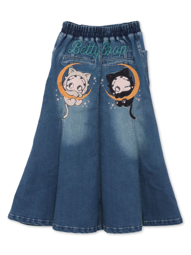 【BETTY BOOP】“黒猫&白猫ベイビーベティ”総刺繍ストレッチデニム切替ロングスカート〔別注〕